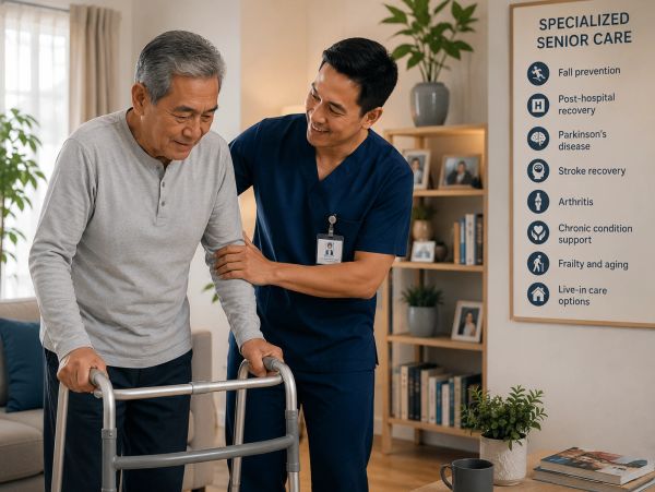 Caregiver assisting elderly man using walker.