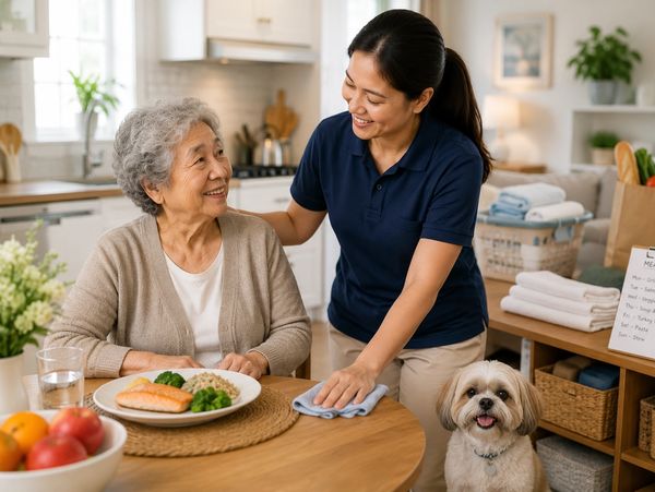 Caregiver smiling with elderly woman and dog at kitchen table.