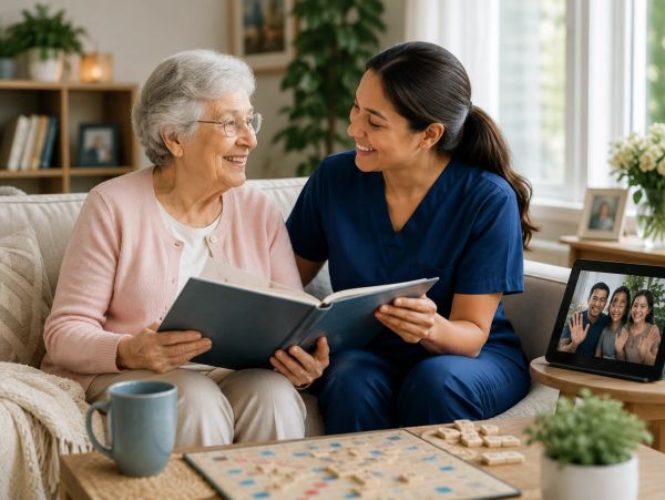 Caregiver and elderly woman sharing a photo album and video call.
