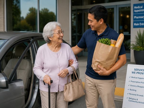 Young man helping elderly woman with groceries.