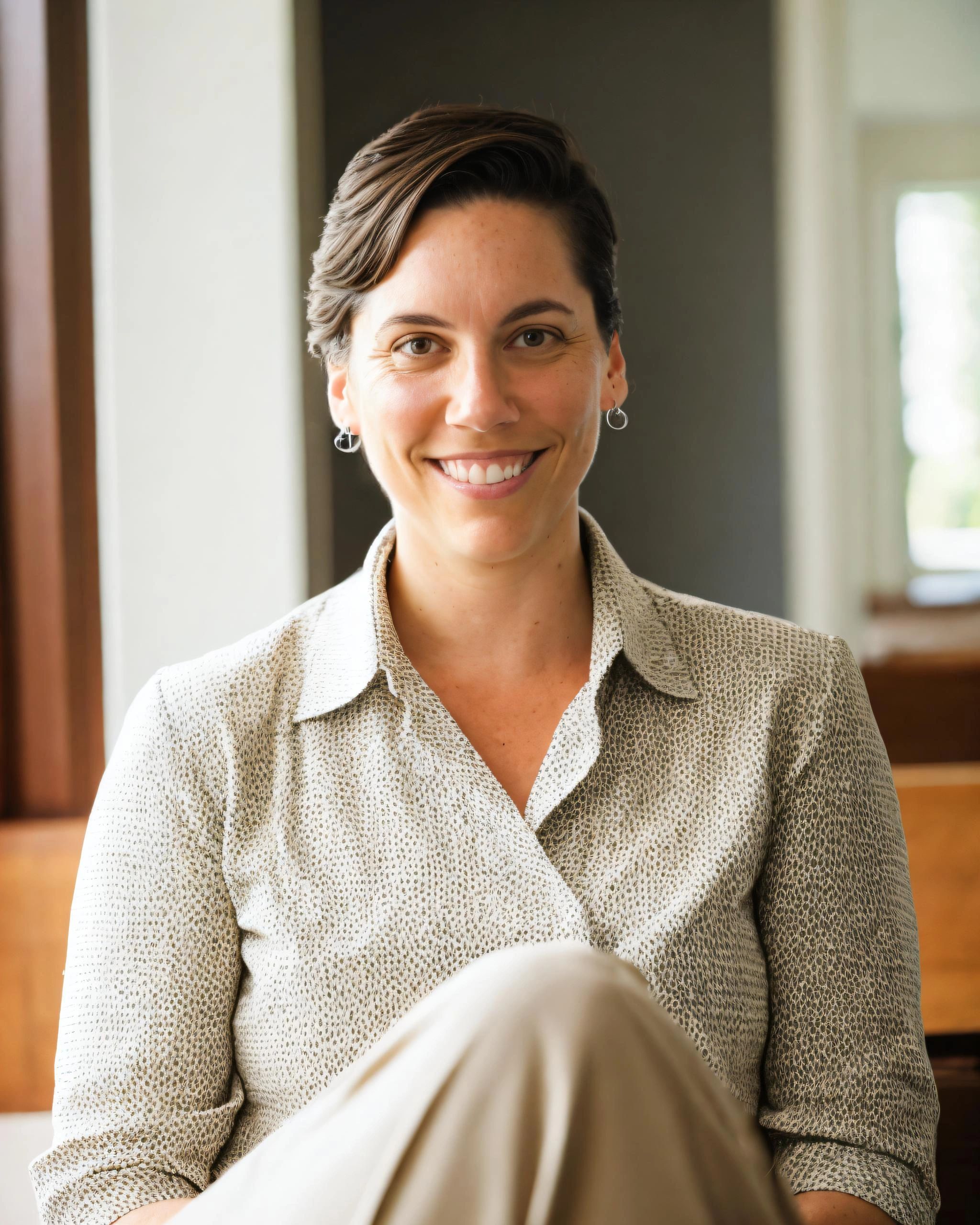 White woman with dark hair wearing beige top, looking at camera and smiling.