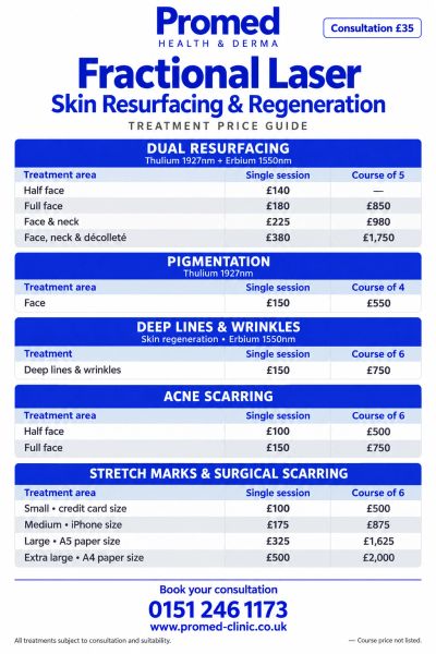Fractional laser treatment price guide for skin resurfacing, pigmentation, wrinkles, acne, and scars.