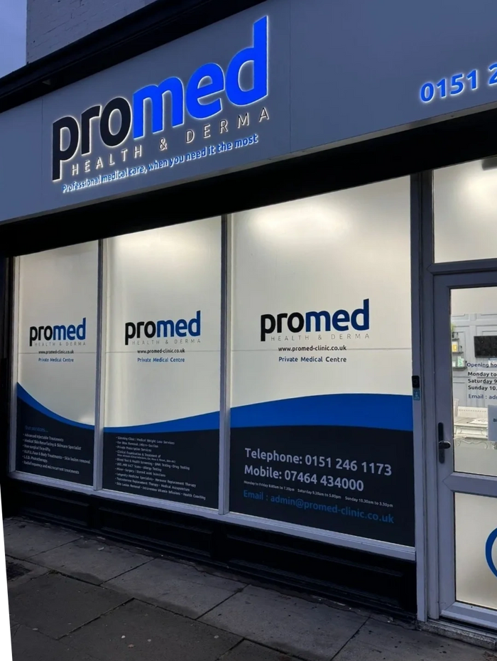 Promed Health & Derma clinic storefront with contact details.