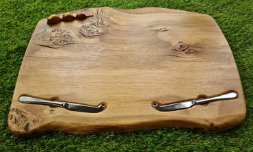 Bespoke Burr Oak Board with two knives and three mice