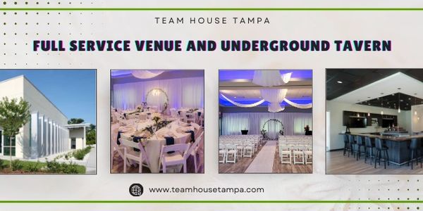 Modern South Tampa event venue with draped ceilings, banquet space, ceremony setup, and underground 