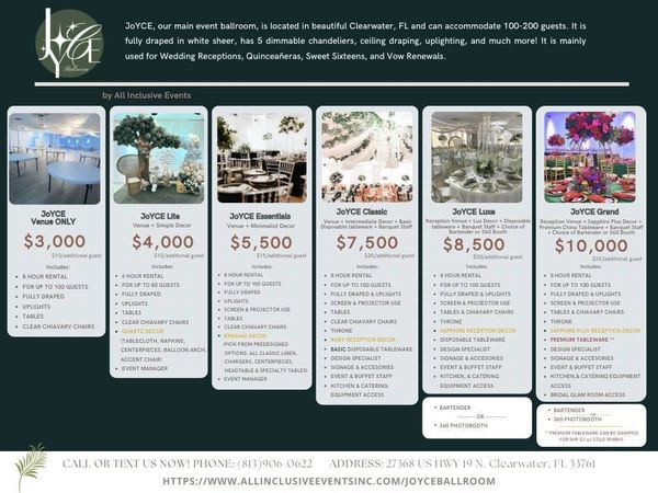 Joyce Ballroom event package comparison chart featuring six tiered wedding pricing options with venu