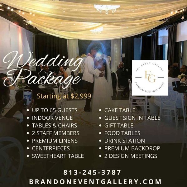 Elegant wedding at The Event Gallery in Brandon, FL with draped ceilings, decor, and all-inclusive p