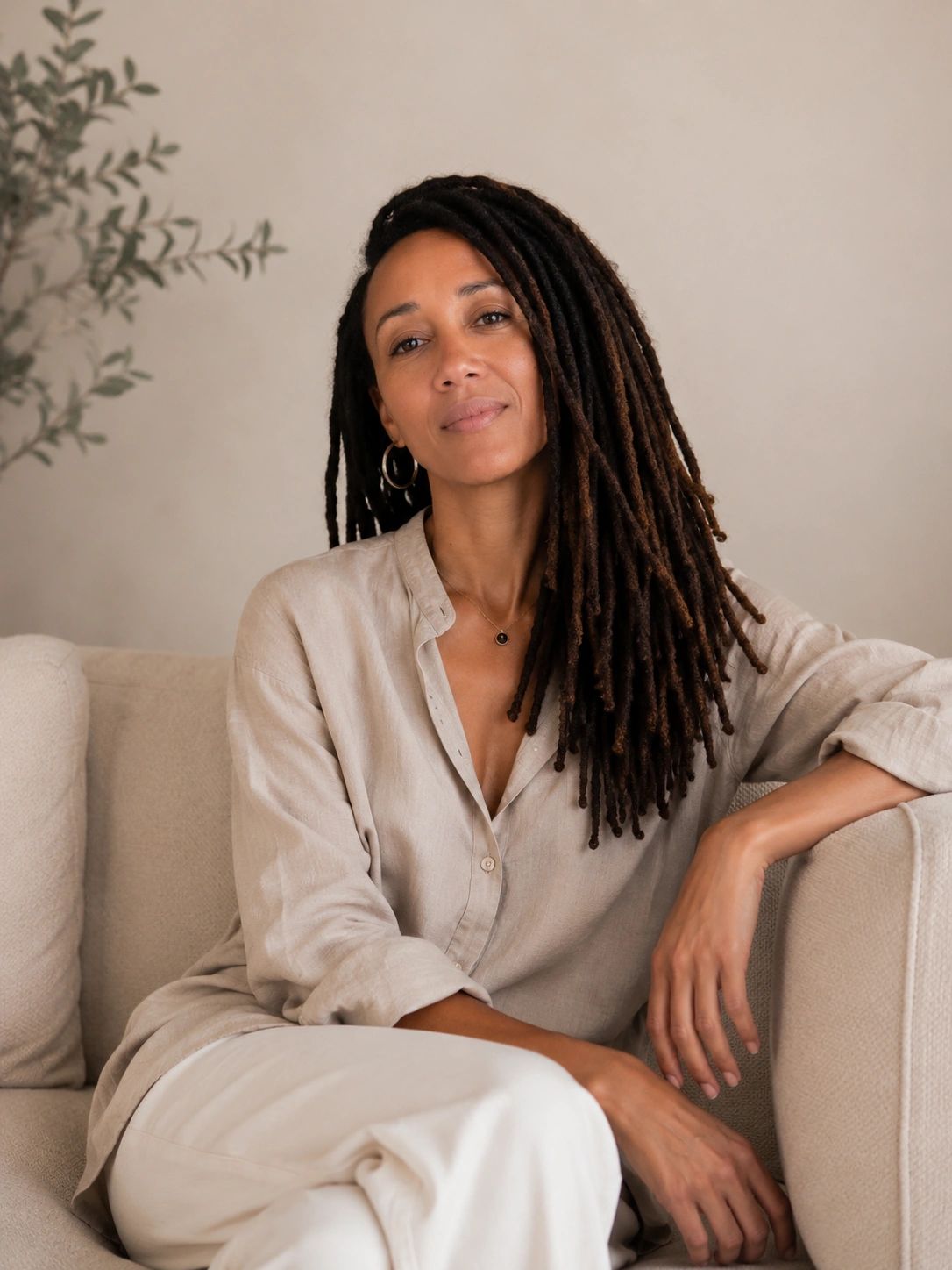 Relaxed woman with long dreadlocks sitting on a beige couch.