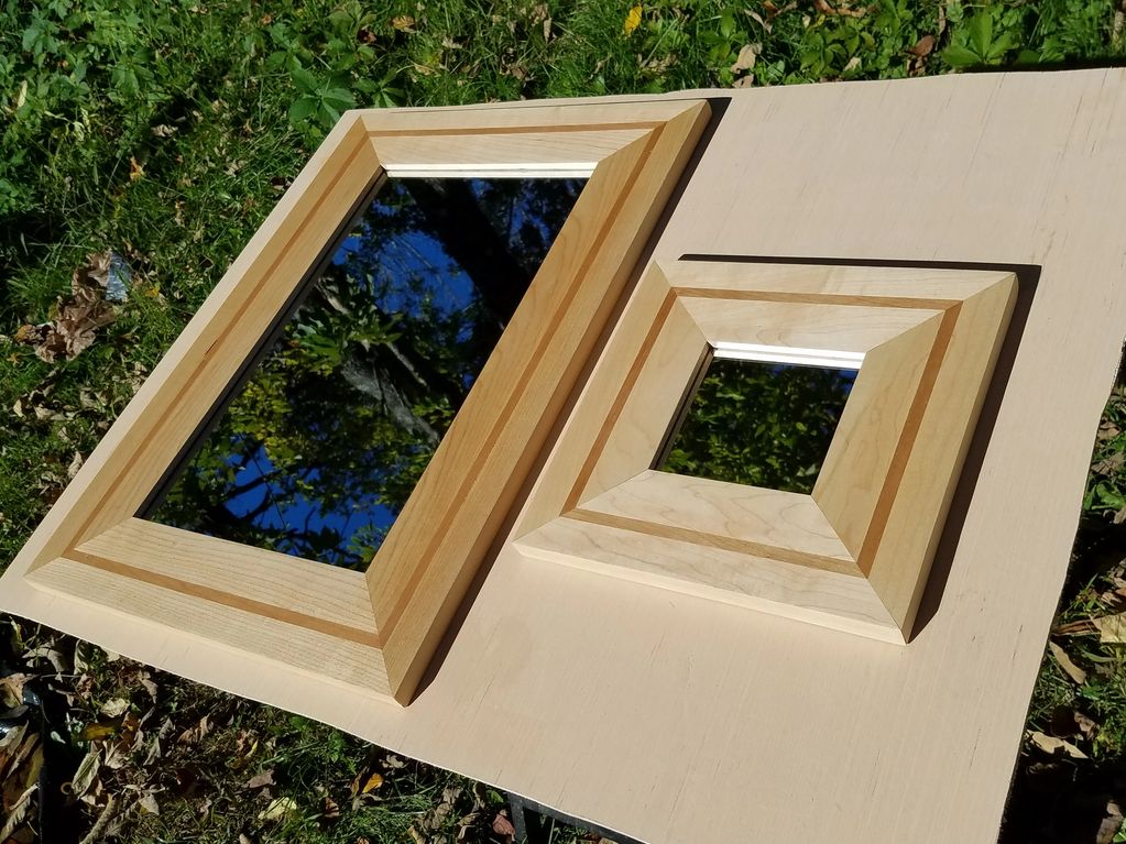 SET OF MAPLE MIRROR FRAMES WITH CHERRY INLAY AND BEVELED EDGES 