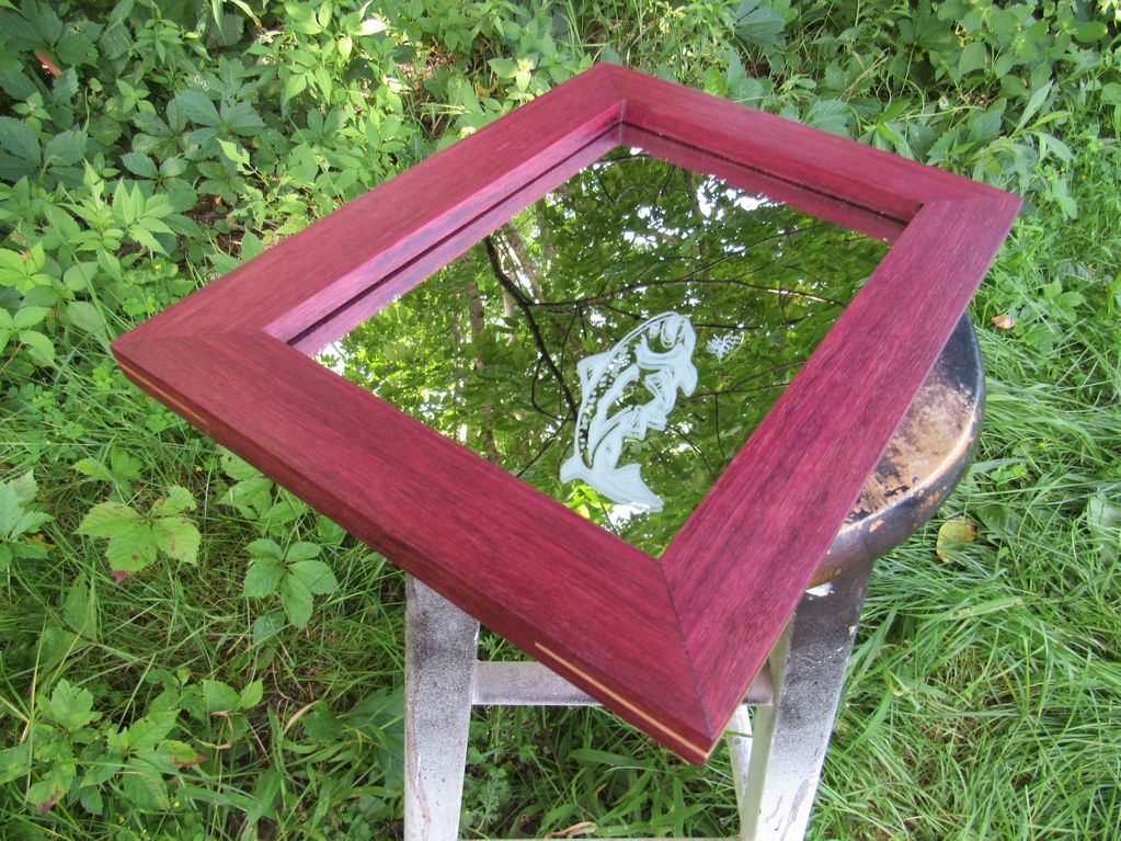 RECLAIMED BRAZILIAN CHERRY MIRROR FRAME WITH MAPLE SPLINES AND SANDBLAST ETCHED TROUT MIRROR 