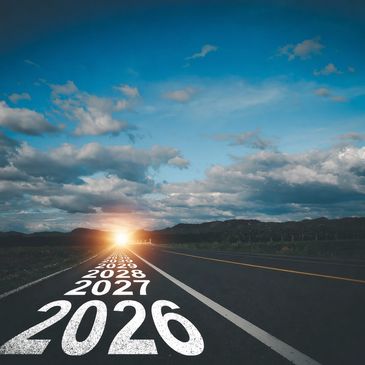 A road with years from 2026 to 2030 leading toward a bright horizon.
