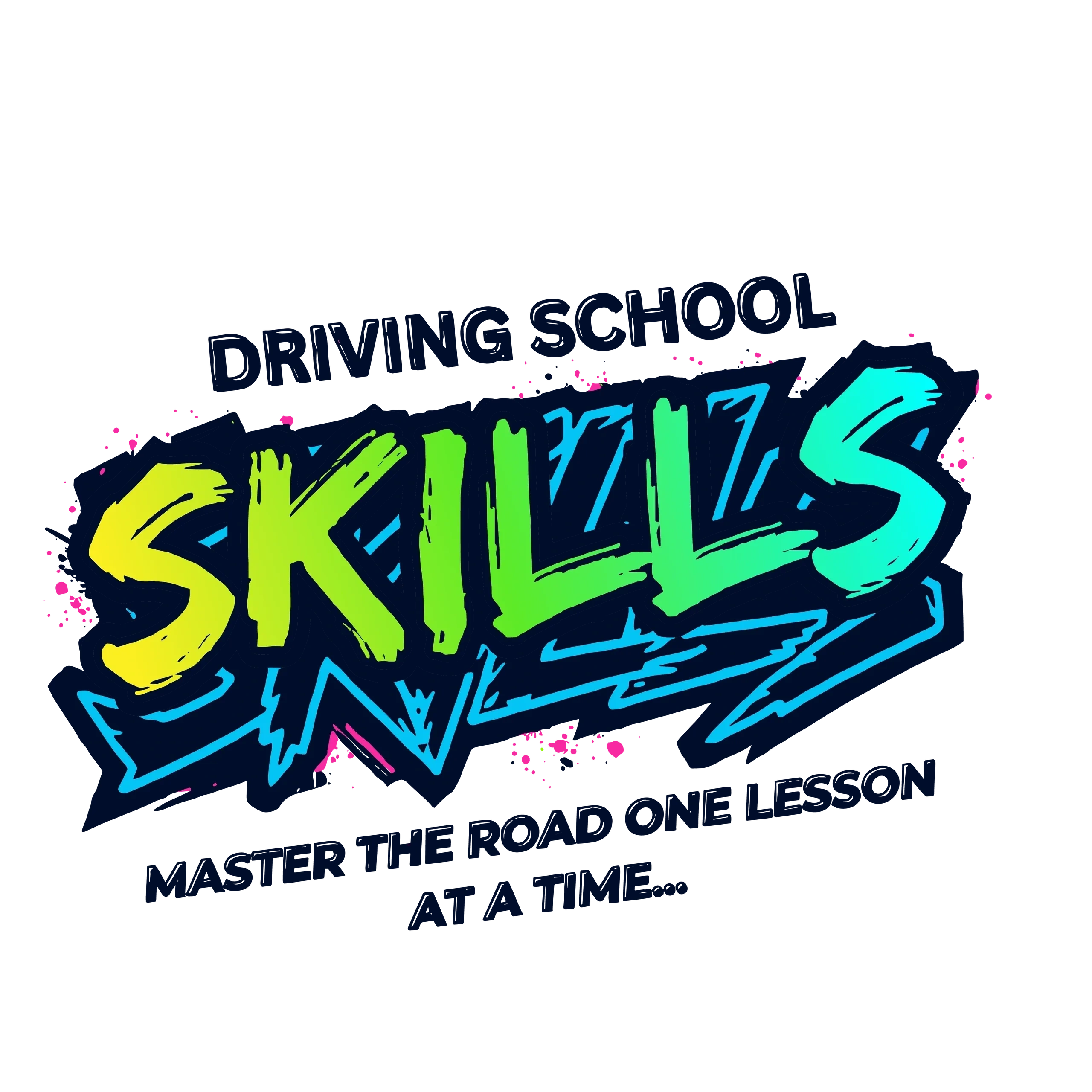 Colorful graffiti-style logo for Skills Driving School with slogan about mastering driving lessons.