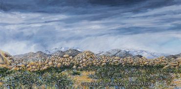 #Joshua Tree National Park, #rocks, #stormy skies, #rain, clouds, #snow on #mountains, #landscape pa