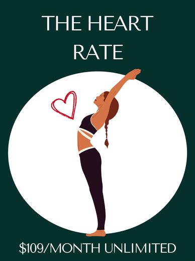 Woman stretching with heart symbol, promoting unlimited monthly fitness for $109.
