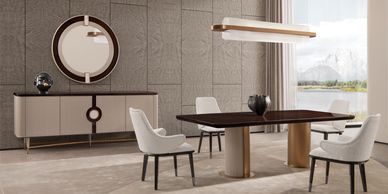 Comedor moderno elegante de madera. Chapa natural alto brillo. Muebles para el hogar.