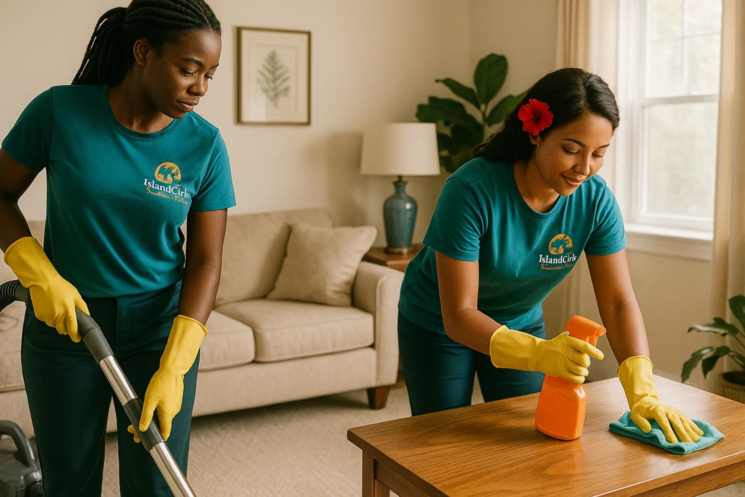 Two women in teal uniforms and yellow gloves cleaning a living room.