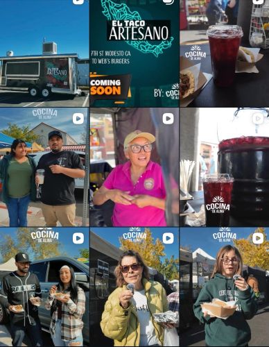 Food truck and customers enjoying tacos and drinks at Cocina de Alina event.