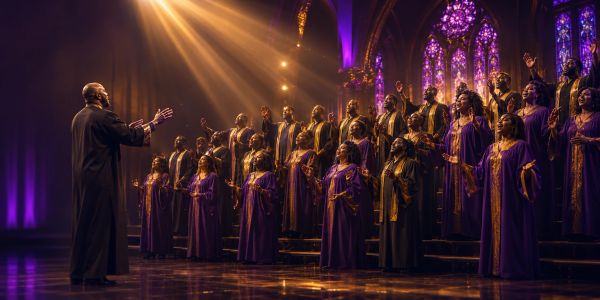 Gospel choir singing in church with dramatic lighting.