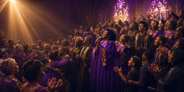 A joyful gospel choir singing in a church.