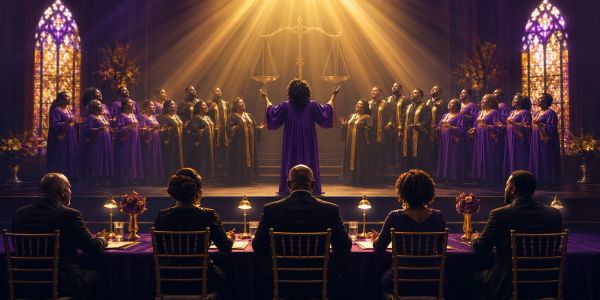 Choir singing in a grand church with judges watching.