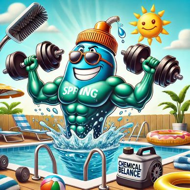 Muscular pool bottle 'Spring' lifts dumbbells, symbolizing a pool's spring tune-up.