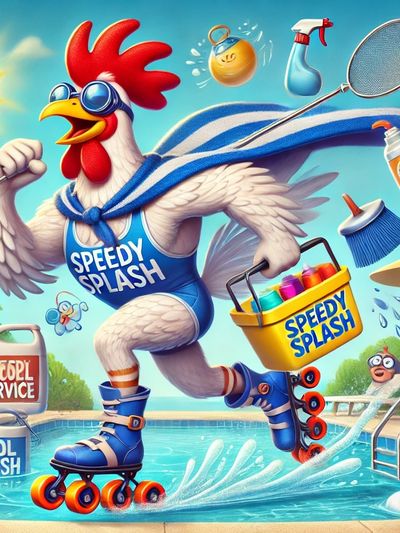 Rooster on skates, representing Speedy Splash service, quickly and efficiently cleaning your pool.