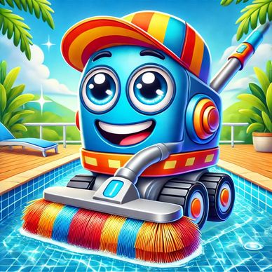 A cheerful robotic pool cleaner scrubs a sparkling pool under the sun. Equipped with vibrant brushes