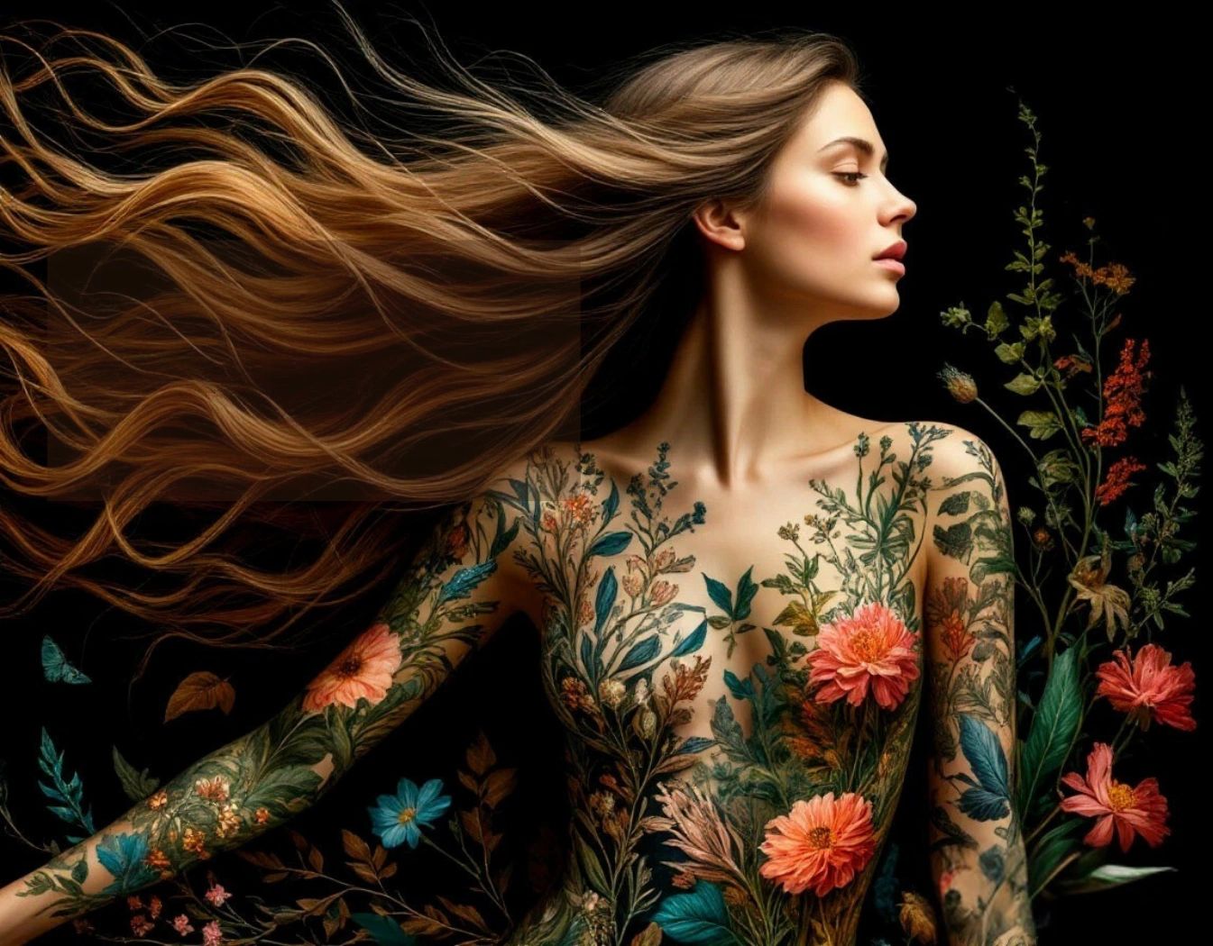 Woman with flowing hair and floral body art against black background.