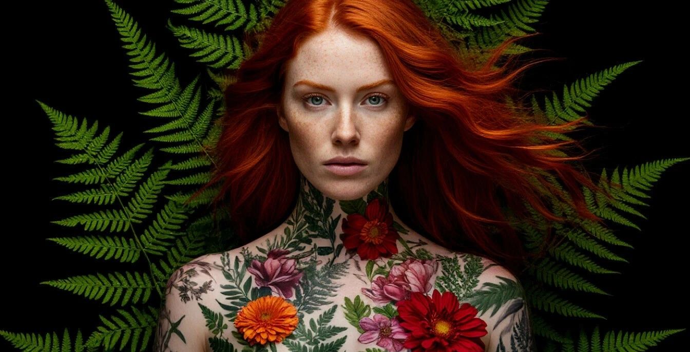 Red-haired woman with floral tattoos and green ferns background.