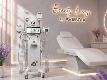 Modern beauty lounge setup with advanced equipment and treatment bed.