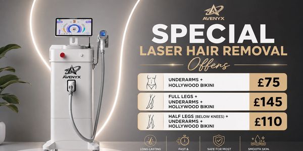 Advertisement for laser hair removal offers by Avenyx.