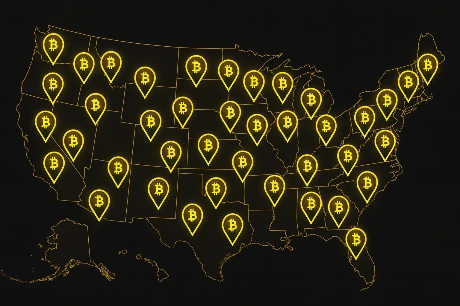 Map of the U.S. with yellow Bitcoin symbols marking locations.