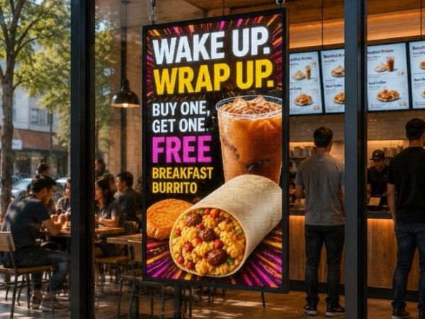 Advertisement for breakfast burrito and iced coffee deal.