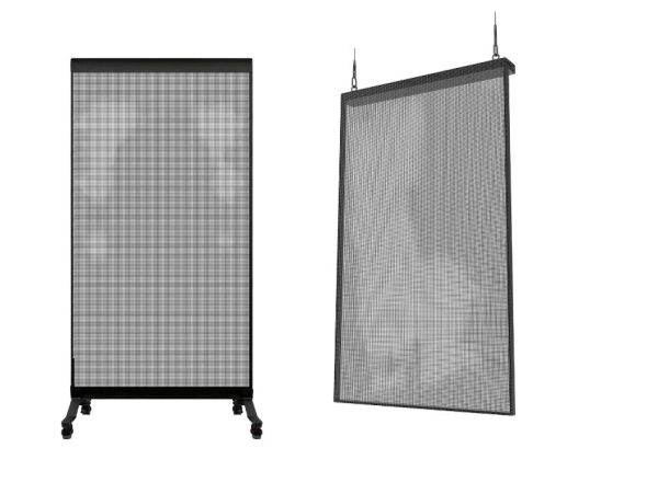 Two different types of mesh screens—one on wheels, one hanging.