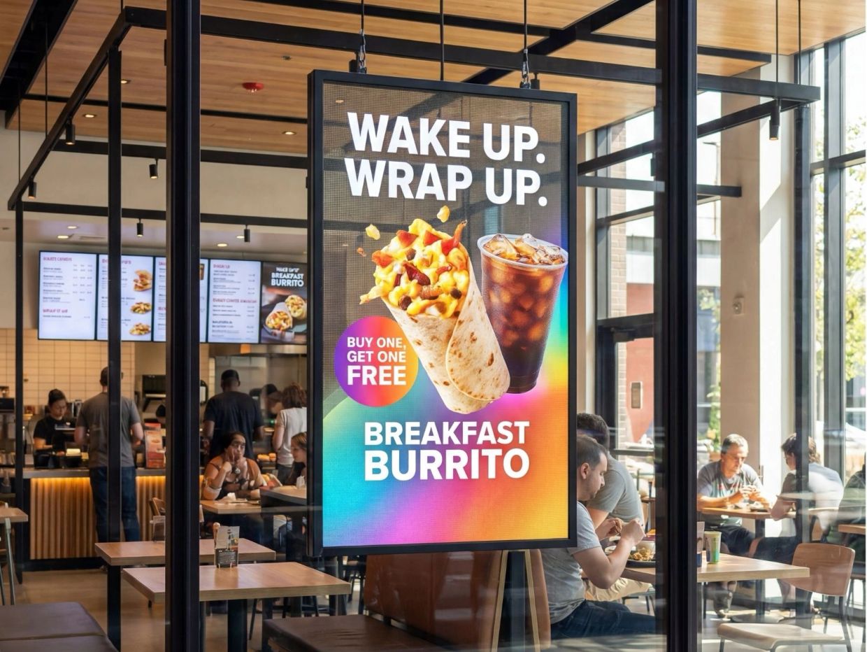 Advertisement for breakfast burrito with buy one get one free offer.