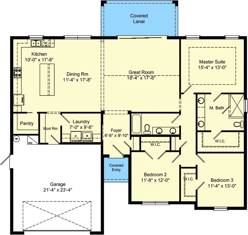 Floor plan with three bedrooms, kitchen, great room, and garage.