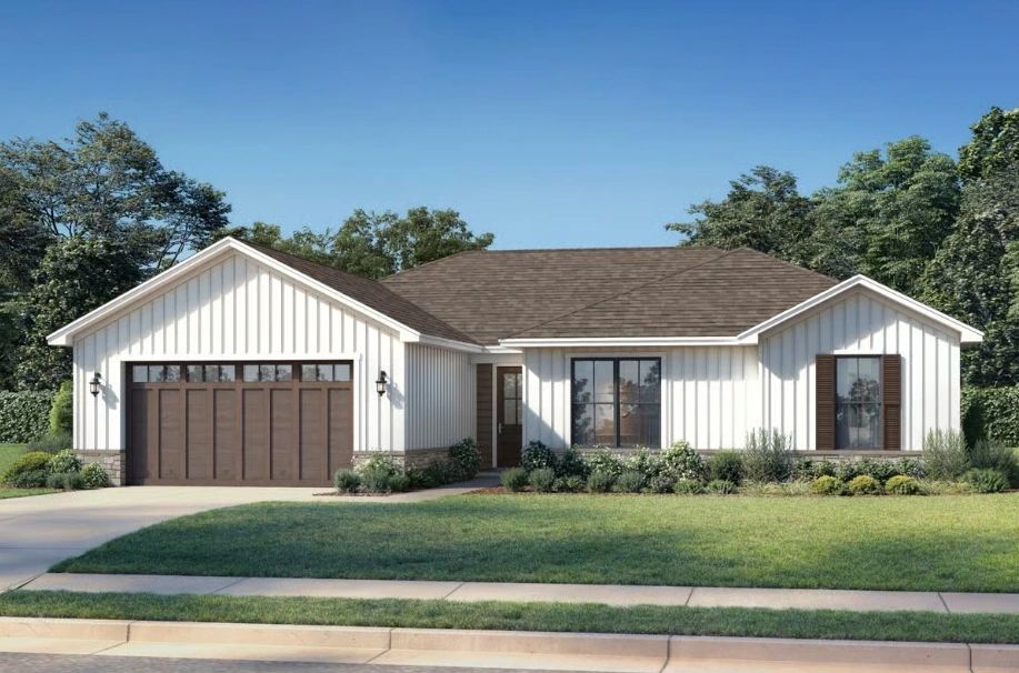 Single-story white house with brown roof and garage.