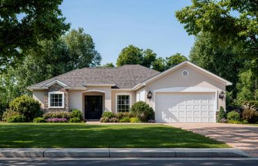 Single-story suburban house with a well-maintained lawn and attached garage.
