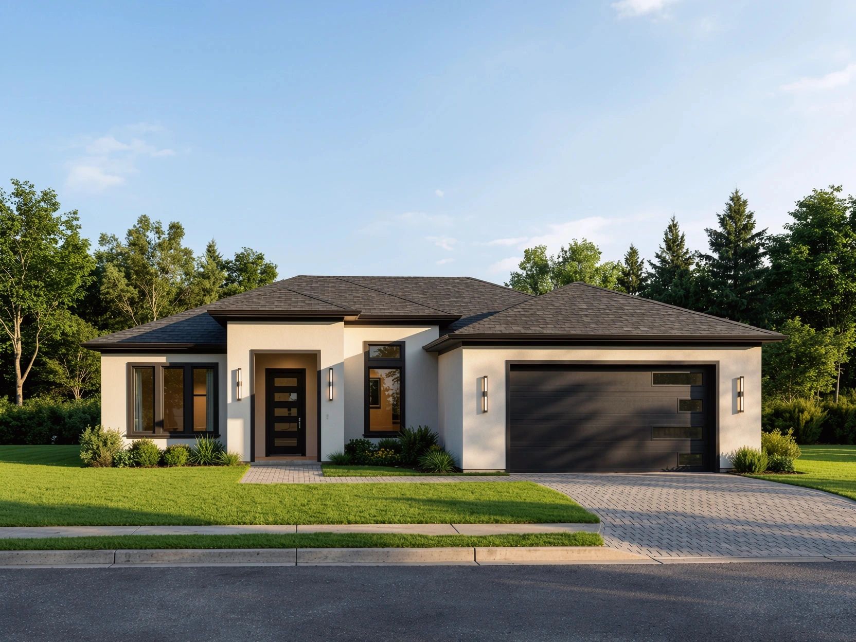 Modern single-story house with dark roof and garage.