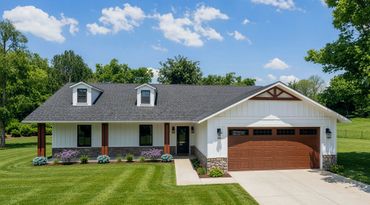 Modern suburban house with a well-maintained lawn and clear blue sky.