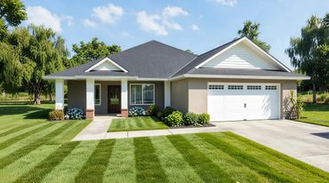 Modern single-story house with a manicured lawn and attached garage.