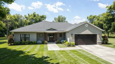 Single-story house with a manicured lawn and two-car garage.