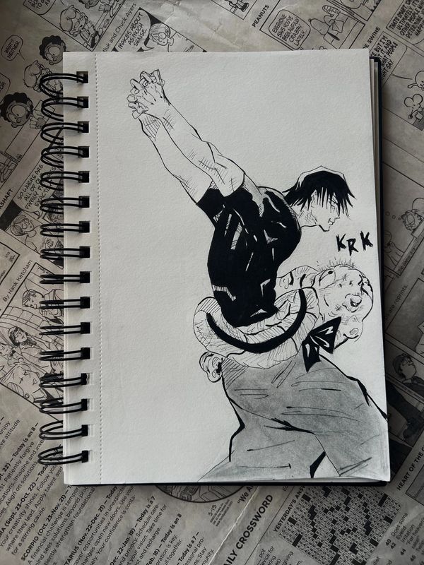 A man stretching with a creature 