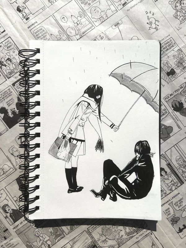 A women using an umbrella to protect a man from rain 