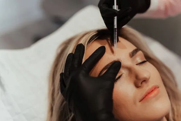 A woman receiving a cosmetic injection in her forehead.