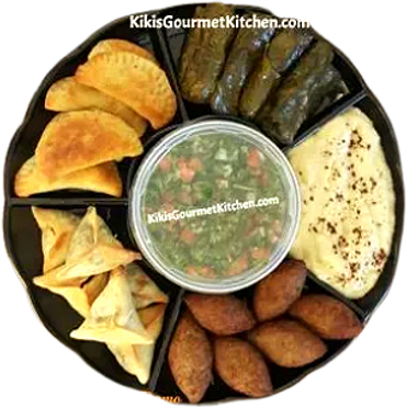 Kikis Gourmet Party Platter: Kibbeh, Spinach Pies, Sambousik, Grape Leaves, Baba Ghanoush, Tabbouleha