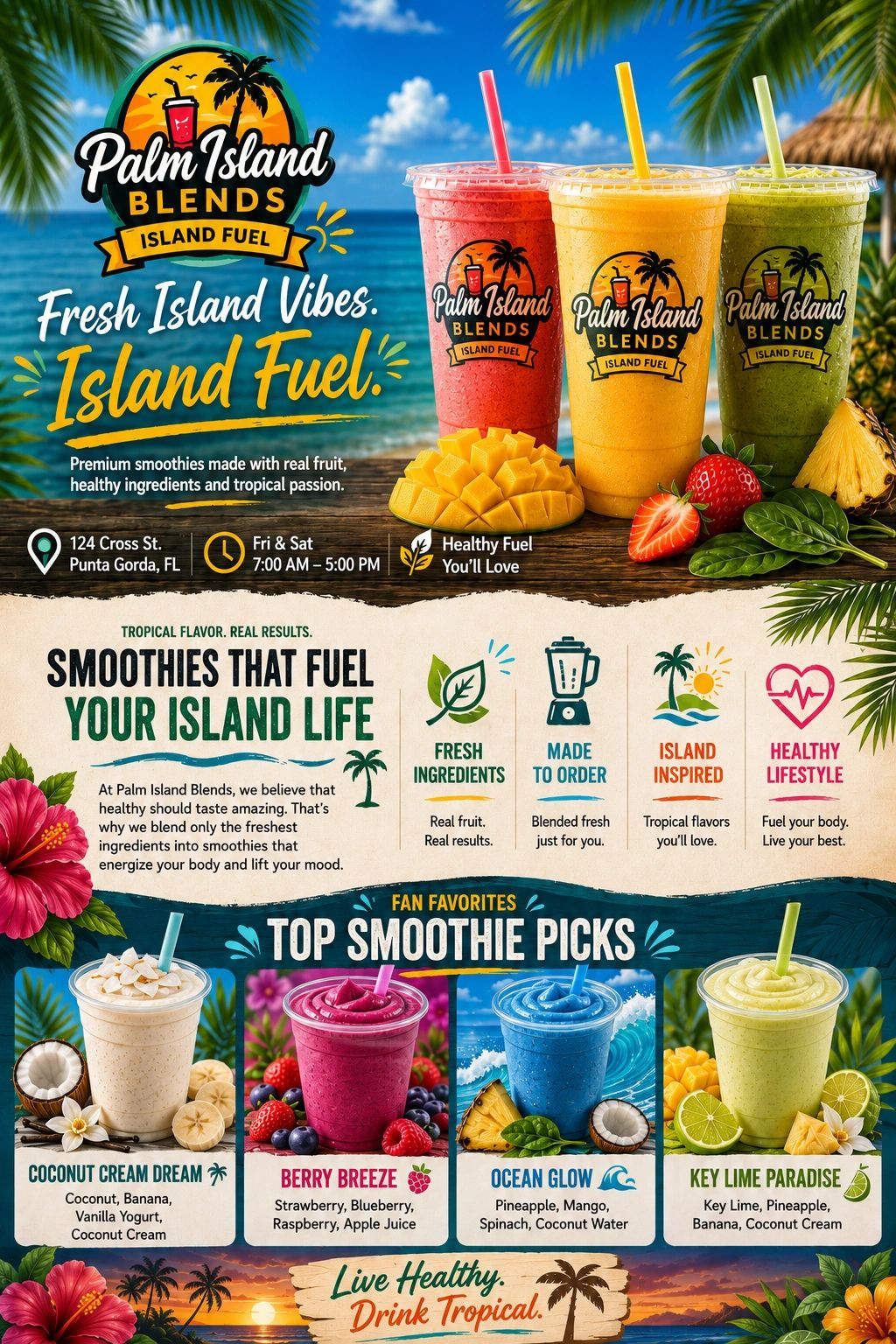 Fresh Ingredients. Tropical Flavors. Island Fuel for Every Adventure. 🌴🥥🍍🌊