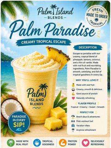 Take your taste buds on a tropical getaway with Palm Paradise, a smooth and creamy blend inspired by