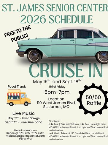 St. James Senior Center 2026 Cruise In events with live music, food truck, and raffle.