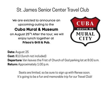 Flyer announcing a senior travel club trip to the Cuba Mural &amp; Museum.
